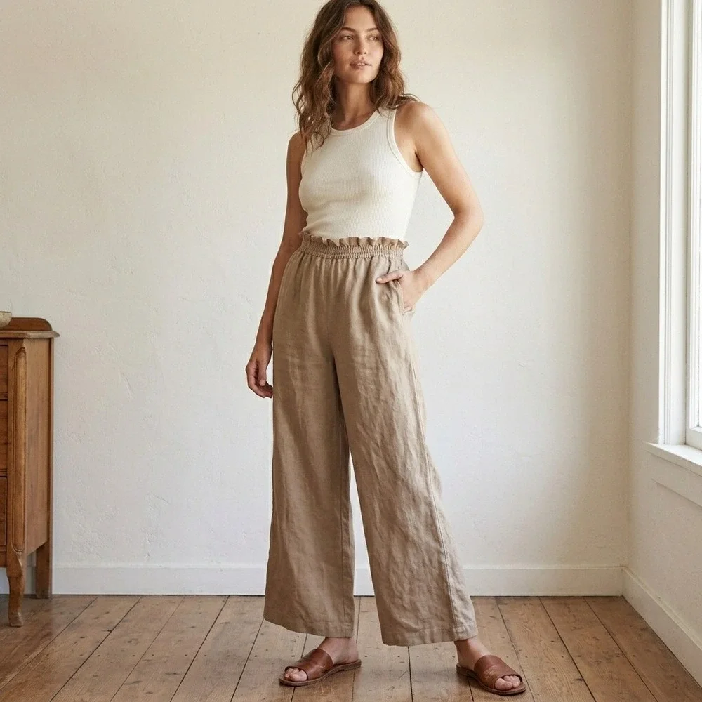 Reformation Womens Vera Pants XL Tan Smocked Waist Wide Leg Linen Neutral Boho